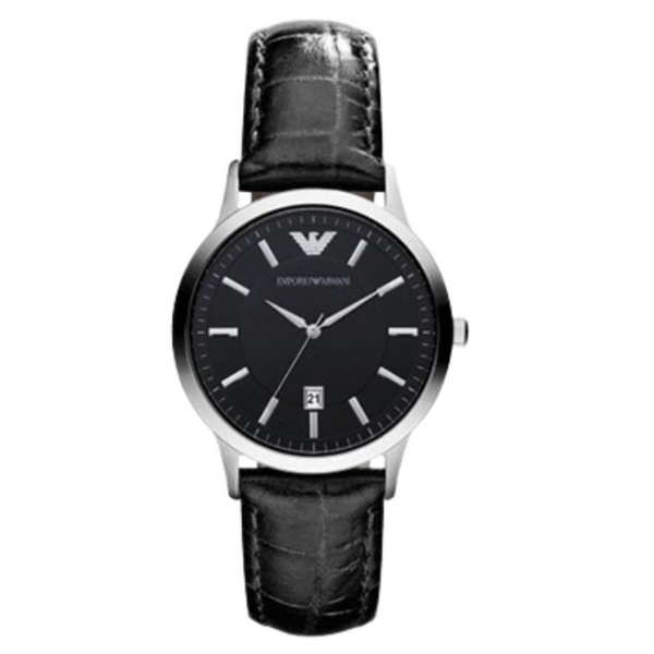 EMPORIO ARMANI Slim Black Leather Strap Black Dial Quartz Watch for Ladies - AR2412