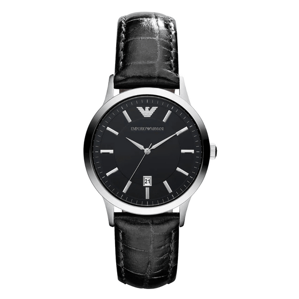 EMPORIO ARMANI Slim Black Leather Strap Black Dial Quartz Watch for Ladies - AR2412