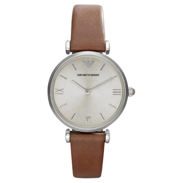 EMPORIO ARMANI Classic Brown Leather Strap Silver Dial Quartz Watch for Ladies - AR1679