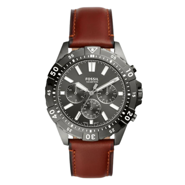 Fossil Garrett Brown Leather Strap Gray Dial Chronograph Quartz Watch for Gents - FS5770