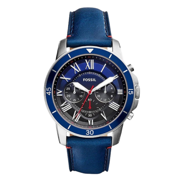 Fossil Grant Blue Leather Strap Blue Dial Chronograph Quartz Watch for Gents - FS5373