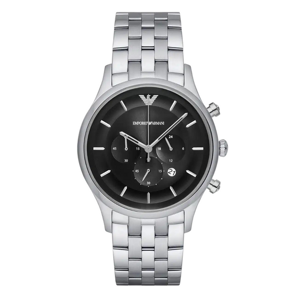 EMPORIO ARMANI Lambda Silver Stainless Steel Black Dial Chronograph Quartz Watch for Gents - AR11017