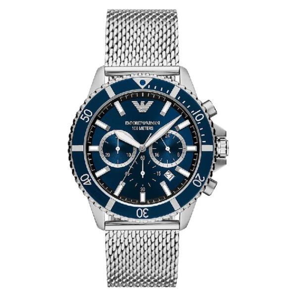 Emporio Armani Diver Silver Stainless Steel Mesh Blue Dial Quartz Watch for Gents- AR11587