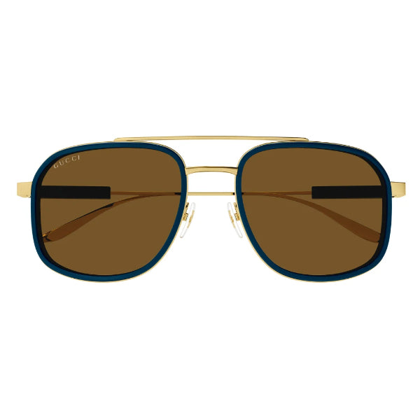 Gucci GG1310S 003 Pilot Aviator Sunglasses – Gold Metal Frame with Plastic Blue‑Brown Brow Bar / Brown Nylon Lens – 56 mm