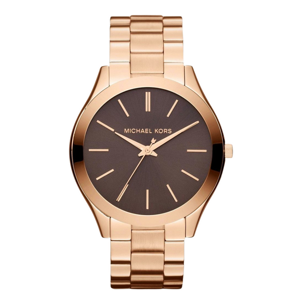 Michael Kors Slim Runway Rose Gold Stainless Steel Brown Dial Quartz Watch for Ladies - MK-3181