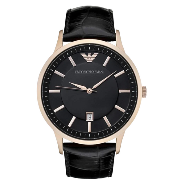 EMPORIO ARMANI Classic Black Leather Strap Black Dial Quartz Watch for Gents - AR2425