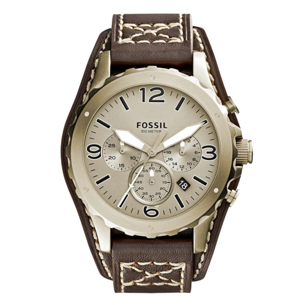 Fossil Nate Brown Leather Strap Gold Dial Chronograph Quartz Watch for Gents - JR1495