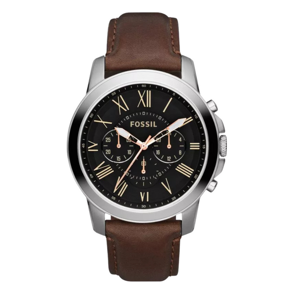 Fossil Grant Brown Leather Strap Black Dial Chronograph Quartz Watch for Gents - FS4813