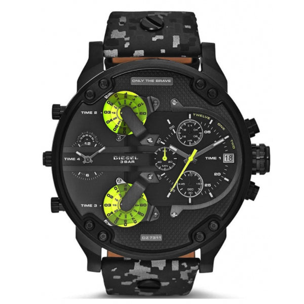 Diesel Mr Daddy Black Leather Strap Black Dial Chronograph Quartz Watch for Gents - DZ7311