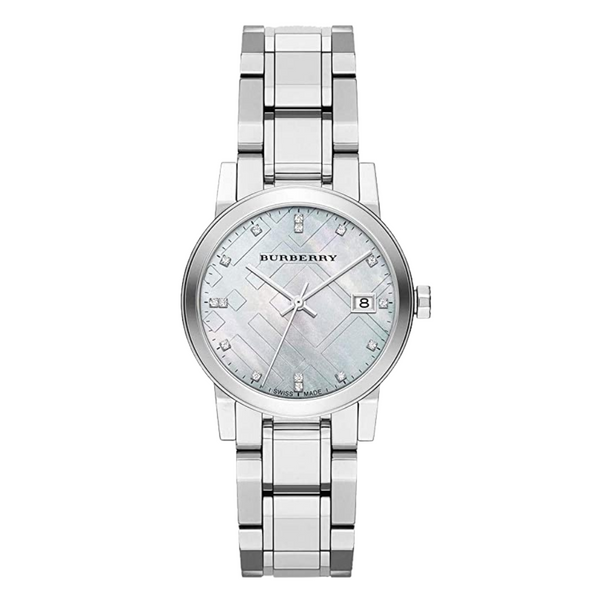 Burberry Diamond Silver Stainless Steel Mother of pearl Dial Quartz Watch for Ladies - BU9125