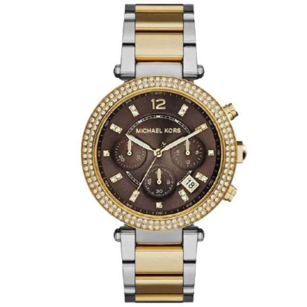Michael Kors Parker Two-Tone Stainless Steel Brown Dial Chronograph Quartz Watch for Ladies - MK6118