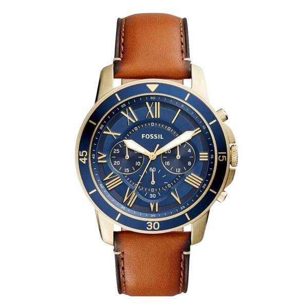 Fossil Grant Sport Brown Leather Strap Blue Dial Chronograph Quartz Watch for Gents - FS5268