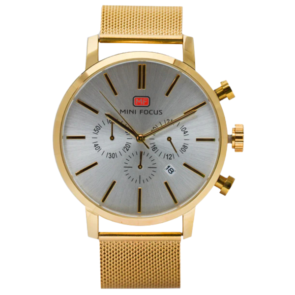 Mini Focus Gold Mesh Bracelet Silver Dial Chronograph Quartz Watch for Gents - MF0023G-05