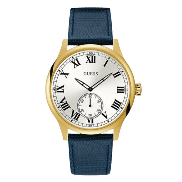 Guess Cambridge Blue Leather Strap Silver Dial Quartz Watch for Gents - W1075G2