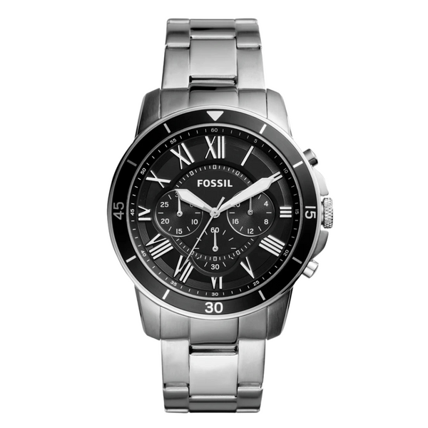 Fossil Grant Sport Silver Stainless Steel Black Dial Chronograph Quartz Watch for Gents - FS5236