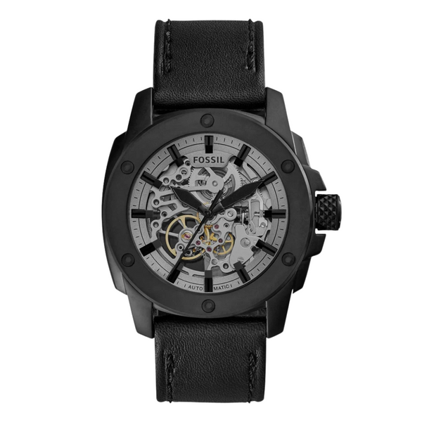 Fossil Modern Machine Black Leather Strap Skeleton Dial Automatic Watch for Gents - ME3134