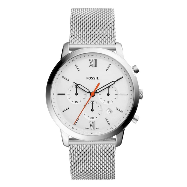 Fossil Neutra Silver Mesh Bracelet White Dial Chronograph Quartz Watch for Gents - FS5382