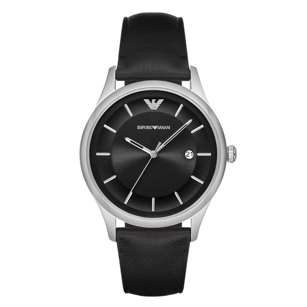 EMPORIO ARMANI Black Dial Black Leather Strap Watch For Gents - AR11020