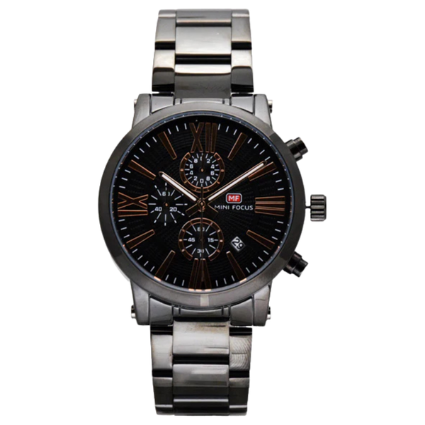 Mini Focus Black Stainless Steel Silver Dial Chronograph Quartz Watch for Gents - MF0219G-04