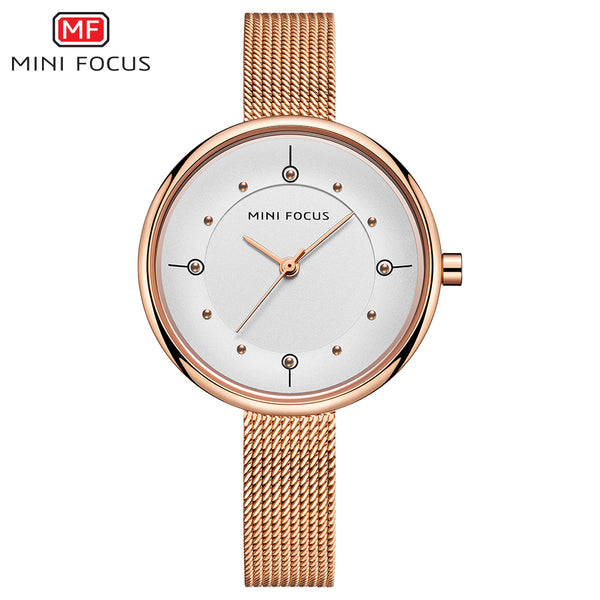 Mini Focus Rose Gold Mesh Bracelet White Dial Quartz Watch for Ladies - MF0274L-01