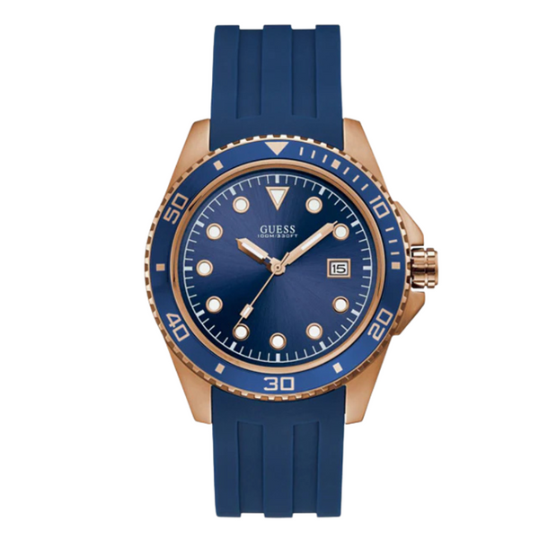 Guess Crew Blue Silicone Strap Blue Dial Quartz Watch for Gents - W1109G3