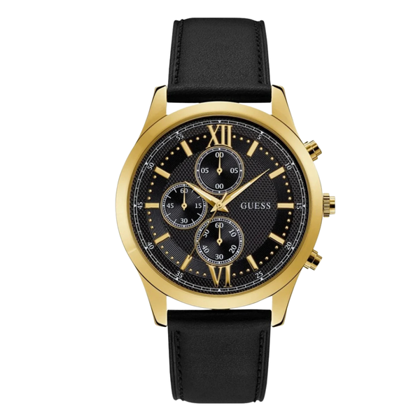 Guess Hudson Black Leather Strap Black Dial Chronograph Quartz Watch for Gents - W0876G5