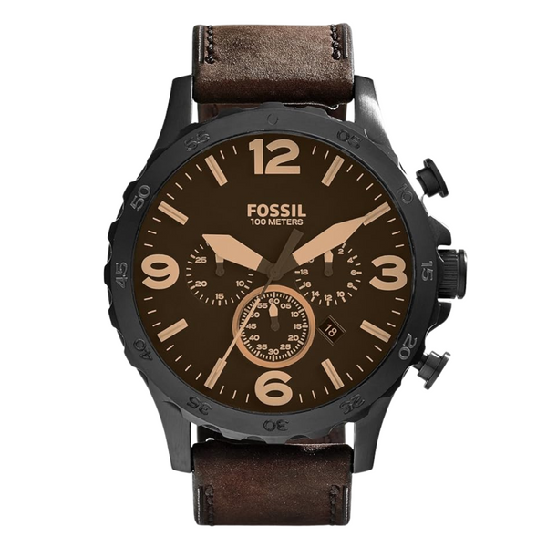 Fossil Nate Brown Leather Strap Brown Dial Chronograph Quartz Watch for Gents - JR1487