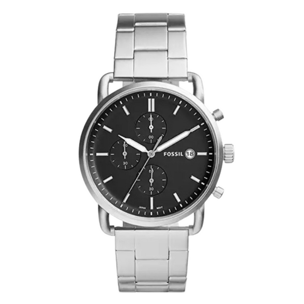 Fossil Commuter Silver Stainless Steel Black Dial Chronograph Quartz Watch for Gents - FS5399