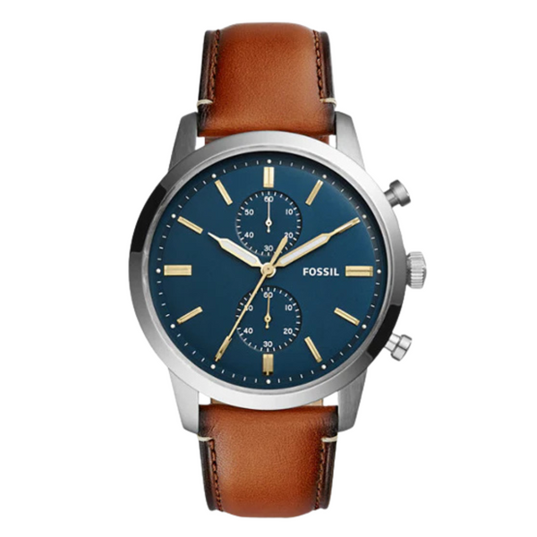 Fossil Townsman Brown Leather Strap Blue Dial Chronograph Quartz Watch for Gents - FS5279