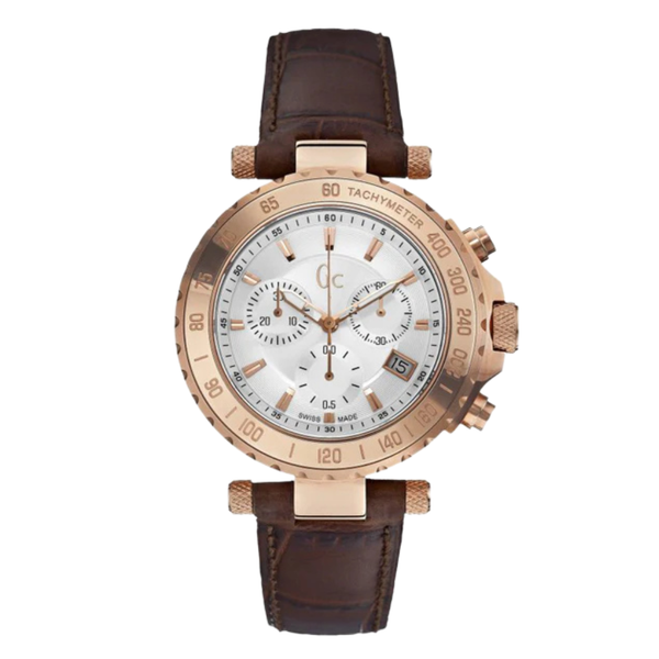 Guess Collection Brown Leather Strap Silver Dial Chronograph Quartz Watch for Gents - X58004G1S