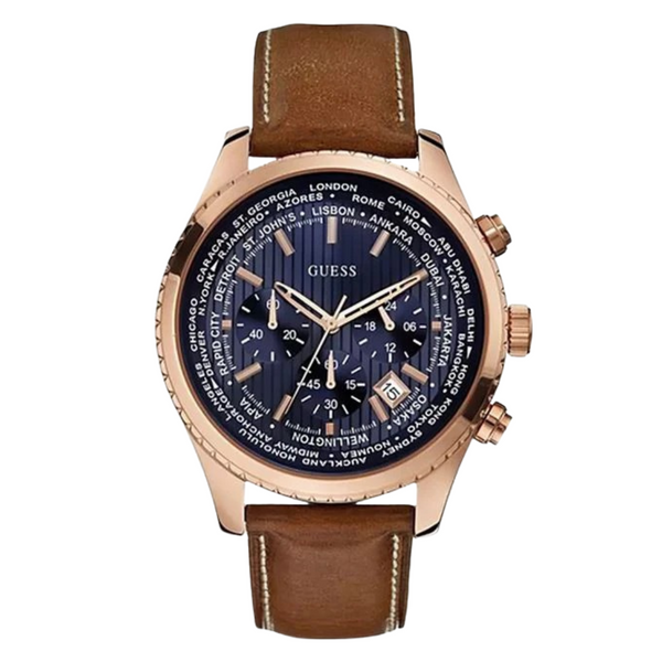 Guess Pursuit Brown Leather Strap Blue Dial Chronograph Quartz Watch for Gents - W0500G1
