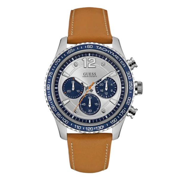 Guess Fleet Brown Leather Strap Silver Dial Chronograph Quartz Watch for Gents - W0970G1