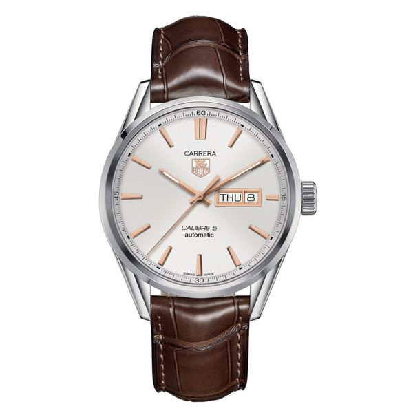 Tag Heuer Carrera Calibre 5 Brown Leather Strap White Dial Automatic Watch for Gents - WAR201DFC6291