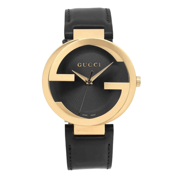 Gucci Interlocking Black Leather Black Dial Quartz Unisex Watch - YA133326