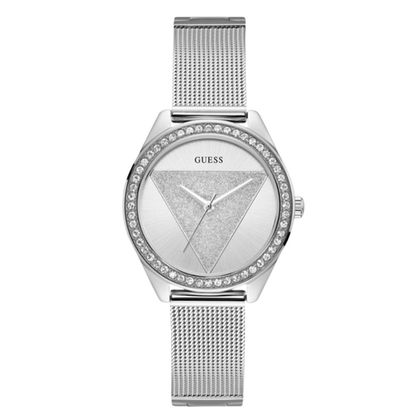 Guess Tri Glitz Silver Mesh Bracelet Silver Dial Quartz Watch for Ladies - W1142L1