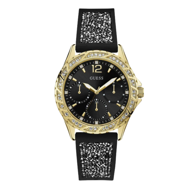 Guess Swirl Black Silicone Strap Black Dial Quartz Watch for Ladies - W1096L3