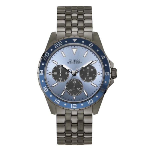 Guess Odyssey Gunmetal Stainless Steel Blue Dial Quartz Watch for Gents - W1107G5