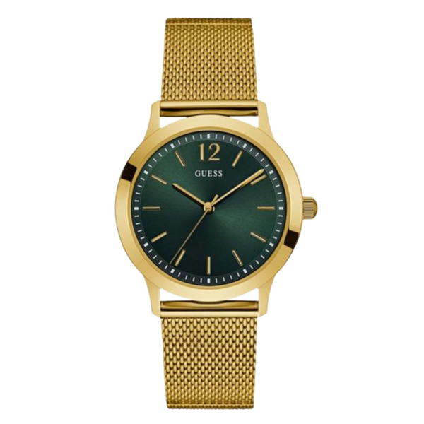 Guess Exchange Gold Mesh Bracelet Green Dial Quartz Watch for Gents - W0921G4