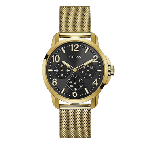 Guess Voyage Gold Mesh Bracelet Black Dial Quartz Watch for Gents - W1040G3