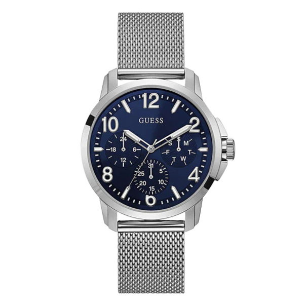 Guess Voyage Silver Mesh Bracelet Blue Dial Quartz Watch for Gents - W1040G1