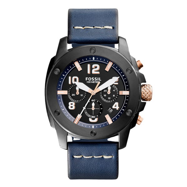 Fossil Machine Navy blue Leather Strap Black Dial Chronograph Quartz Watch for Gents - FS5066
