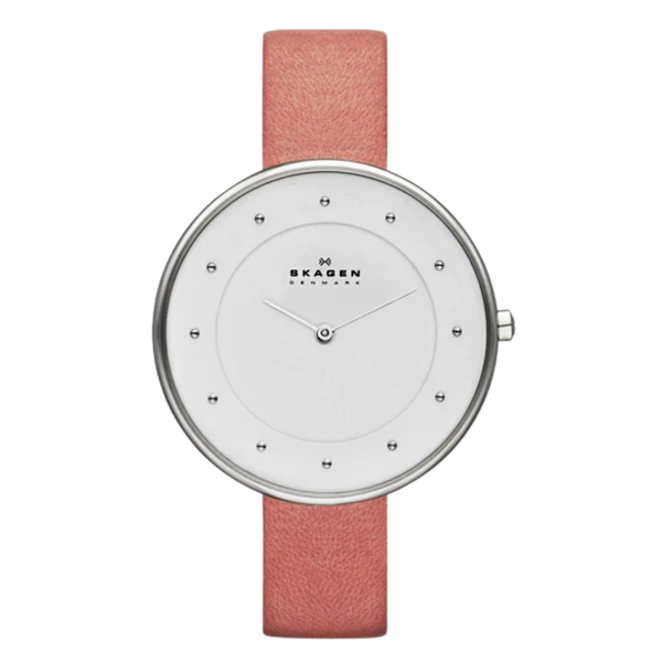 Skagen Gitte Pink Leather Strap White Dial Quartz Watch for Ladies - SKW2135