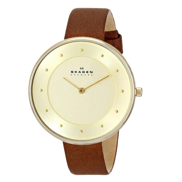 Skagen Gitte Brown Leather Strap Gold Dial Quartz Watch for Ladies - SKW2138