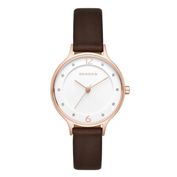 Skagen Anita Brown Leather Strap White Dial Quartz Watch for Ladies - SKW2472