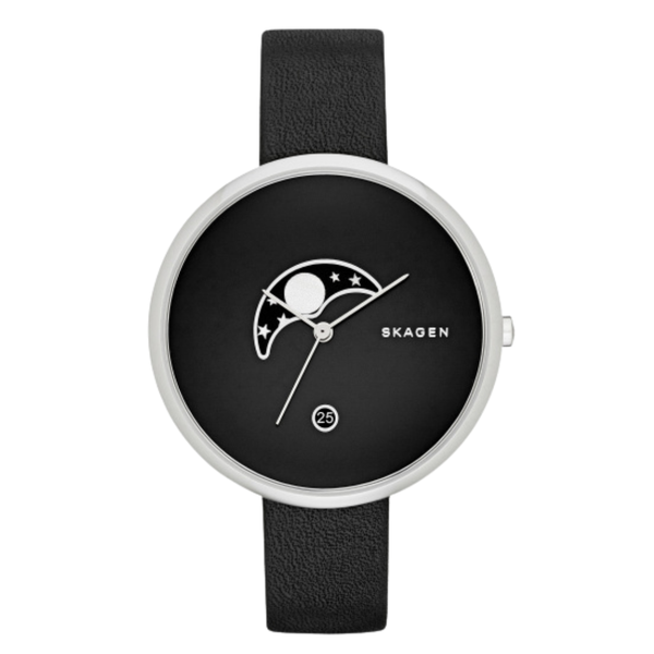 Skagen Gitte Black Leather Strap Black Dial Quartz Watch for Ladies - SKW2372