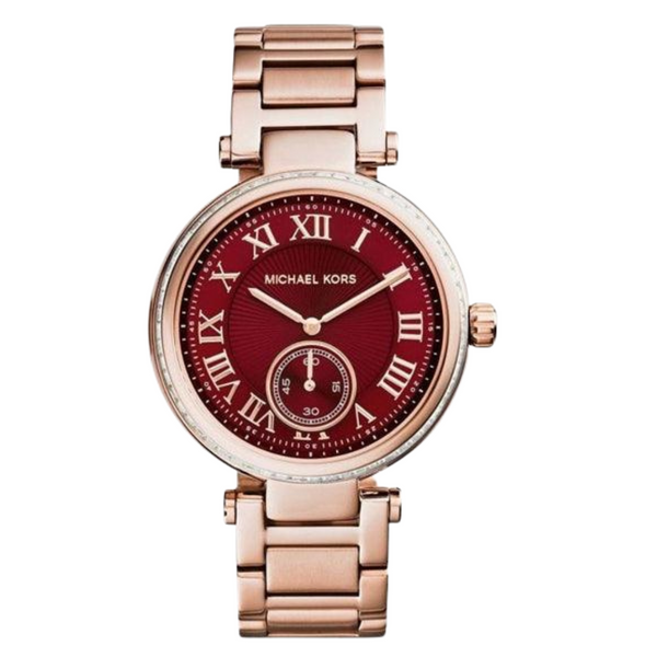 Michael Kors Skylar Rose Gold Stainless Steel Red Dial Quartz Watch for Ladies - MK-6086