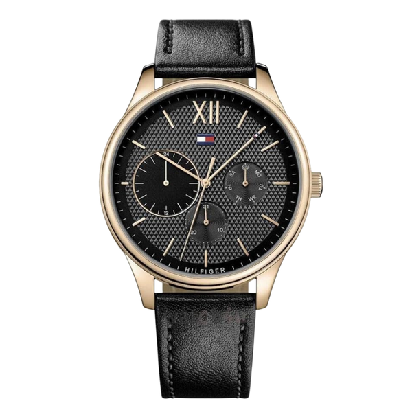 Tommy Hilfiger Damon Black Leather Strap Black Dial Quartz Watch for Gents - 1791419