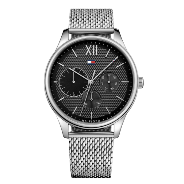 Tommy Hilfiger Damon Silver Mesh Bracelet Black Dial Quartz Watch for Gents - 1791415