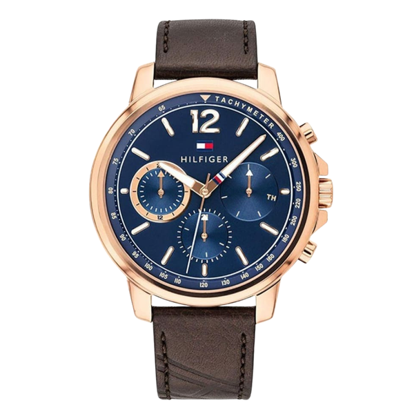 Tommy Hilfiger London Brown Leather Strap Blue Dial Chronograph Quartz Watch for Gents - 1791532