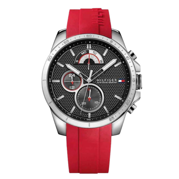Tommy Hilfiger Decker Red Rubber Strap Black Dial Chronograph Quartz Watch for Gents - 1791351